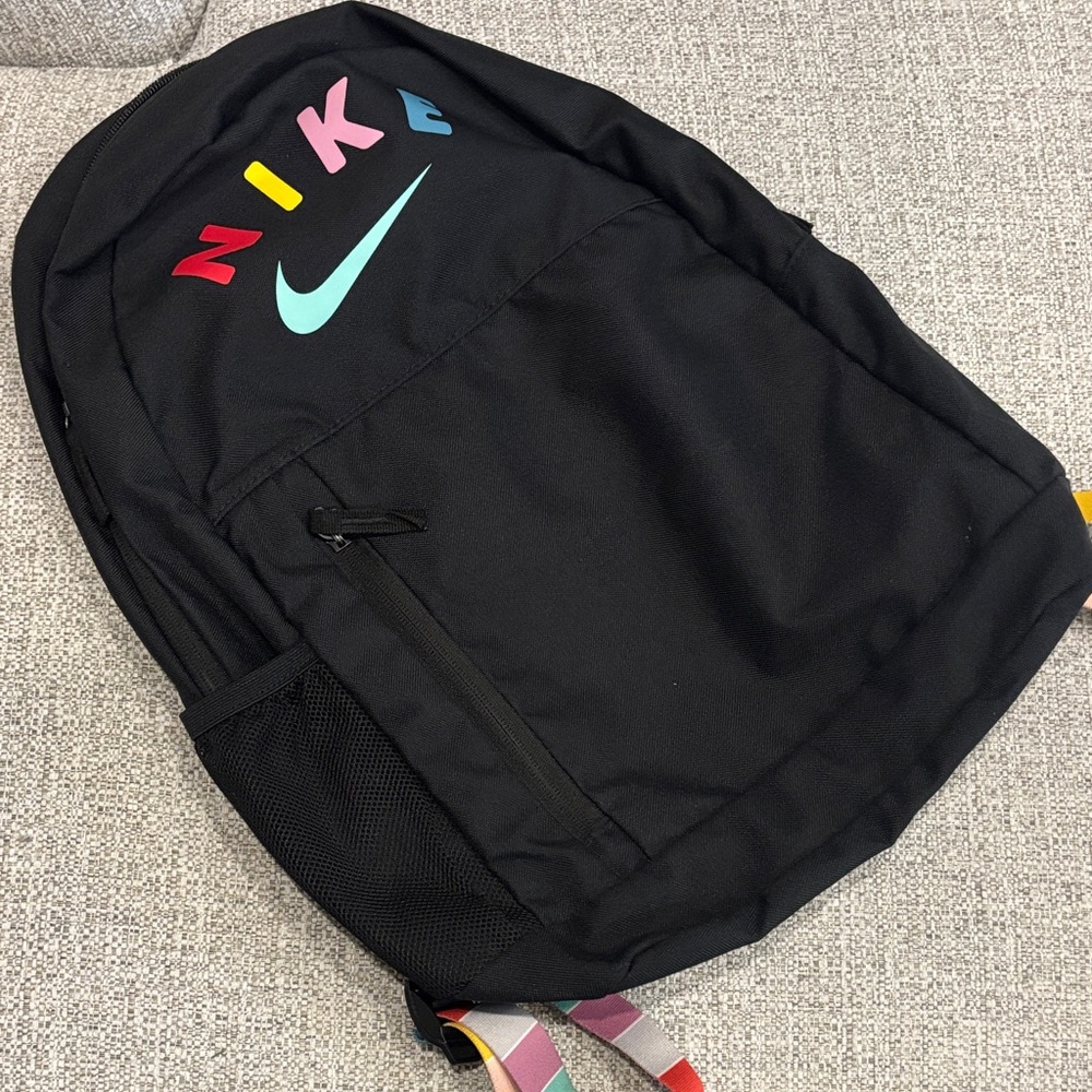 Nike Black Backpack with Teal Swoosh and Multicolor Lettering